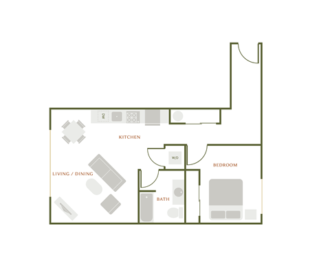 Floor plan for 1 bed, 1 bath, 804 sqft